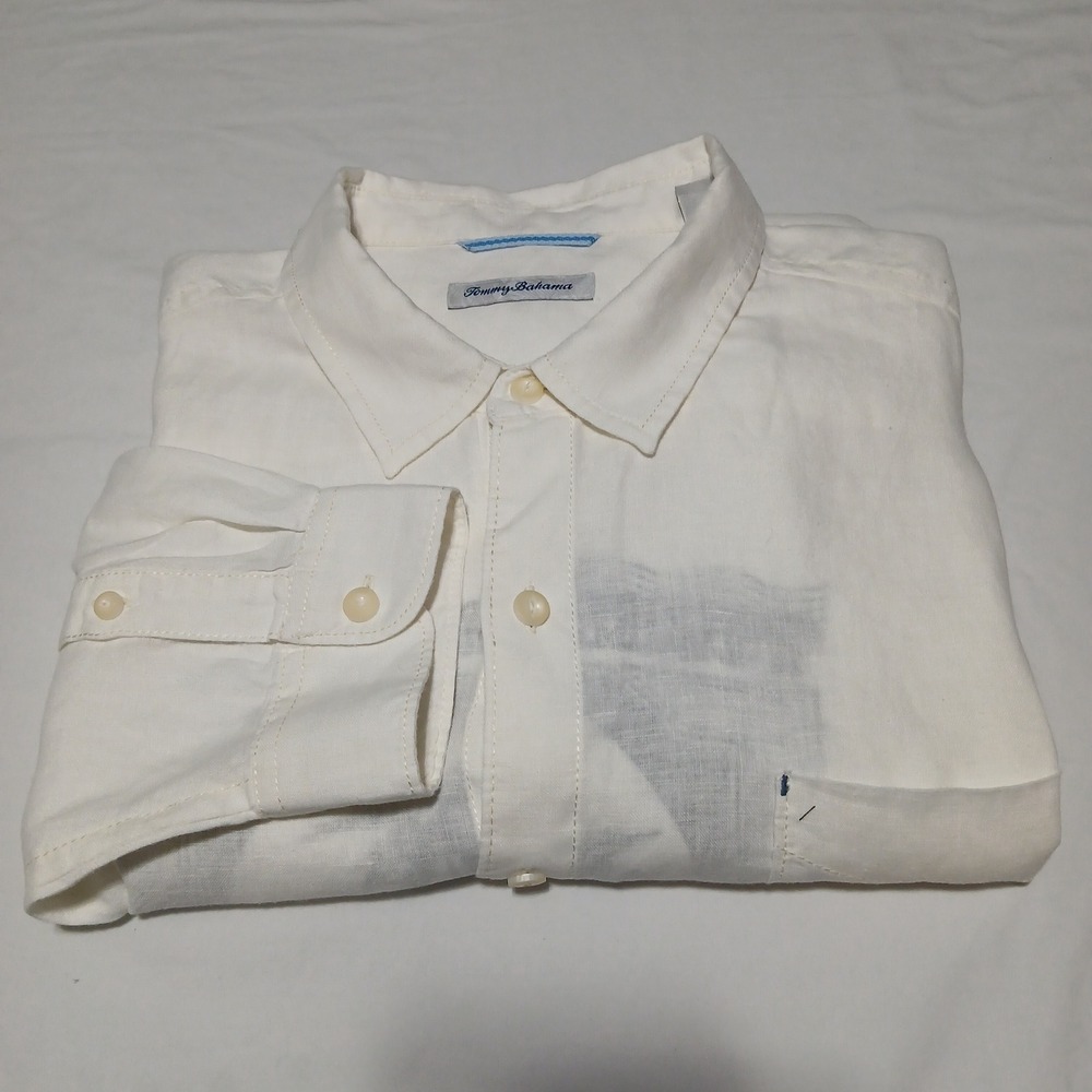Tommy Bahama Mens XXL White 100% Linen Long Sleeve Island Life‎ Graphic Shirt